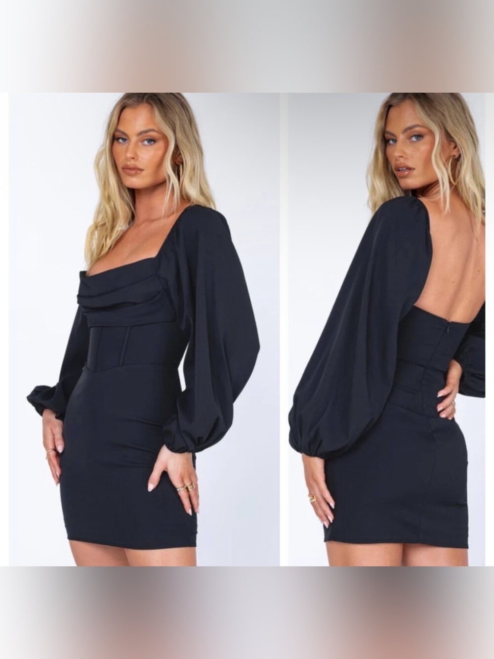 Princess Polly Lillie Long Puff Sleeve Corset Mini Dress Black Size US 4